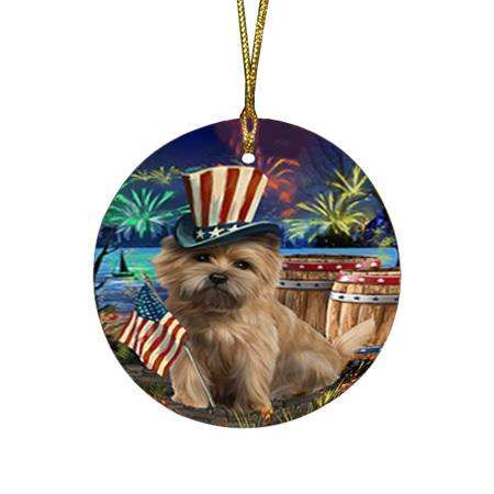4th of July Independence Day Fireworks Cairn Terrier Dog at the Lake Round Flat Christmas Ornament RFPOR50938
