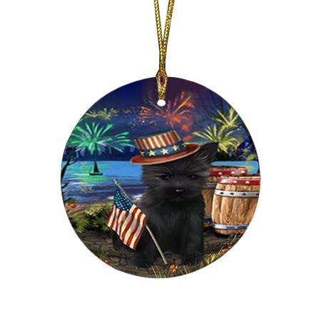 4th of July Independence Day Fireworks Cairn Terrier Dog at the Lake Round Flat Christmas Ornament RFPOR50939