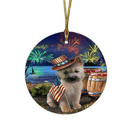 4th of July Independence Day Fireworks Cairn Terrier Dog at the Lake Round Flat Christmas Ornament RFPOR50940
