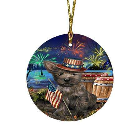 4th of July Independence Day Fireworks Cairn Terrier Dog at the Lake Round Flat Christmas Ornament RFPOR50941