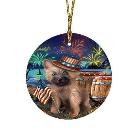 4th of July Independence Day Fireworks Cairn Terrier Dog at the Lake Round Flat Christmas Ornament RFPOR50942