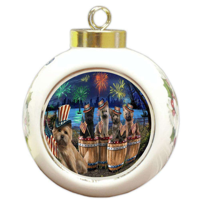 4th of July Independence Day Fireworks Cairn Terriers at the Lake Round Ball Christmas Ornament RBPOR51023