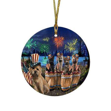 4th of July Independence Day Fireworks Cairn Terriers at the Lake Round Flat Christmas Ornament RFPOR51014