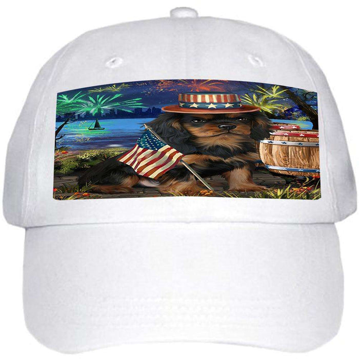 4th of July Independence Day Fireworks Cavalier King Charles Spaniel Dog at the Lake Ball Hat Cap HAT56592