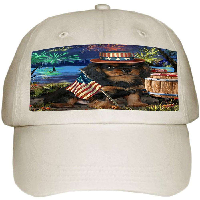 4th of July Independence Day Fireworks Cavalier King Charles Spaniel Dog at the Lake Ball Hat Cap HAT56592
