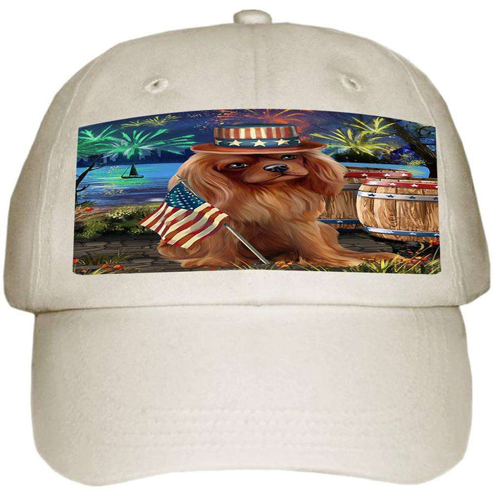 4th of July Independence Day Fireworks Cavalier King Charles Spaniel Dog at the Lake Ball Hat Cap HAT56595