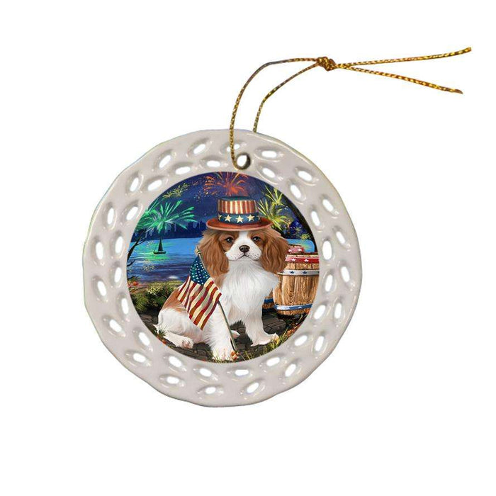 4th of July Independence Day Fireworks Cavalier King Charles Spaniel Dog at the Lake Ceramic Doily Ornament DPOR50952