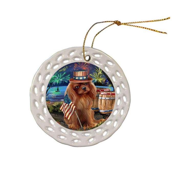 4th of July Independence Day Fireworks Cavalier King Charles Spaniel Dog at the Lake Ceramic Doily Ornament DPOR50954