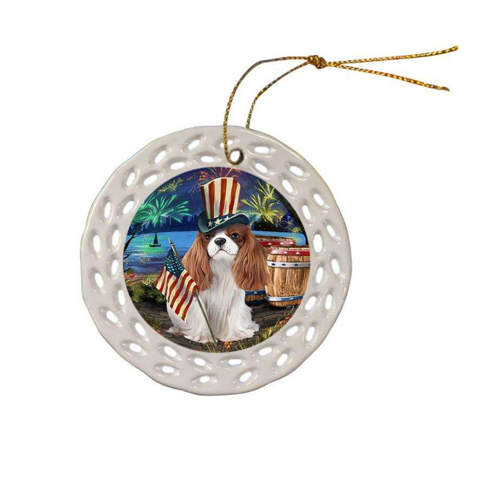 4th of July Independence Day Fireworks Cavalier King Charles Spaniel Dog at the Lake Ceramic Doily Ornament DPOR50956
