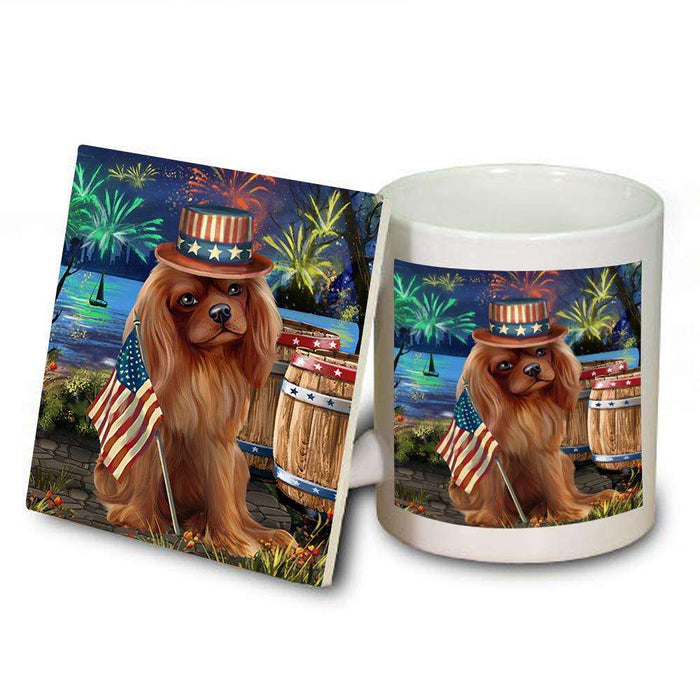4th of July Independence Day Fireworks Cavalier King Charles Spaniel Dog at the Lake Mug and Coaster Set MUC50946