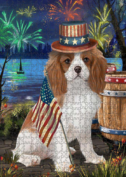 4th of July Independence Day Fireworks Cavalier King Charles Spaniel Dog at the Lake Puzzle with Photo Tin PUZL56718