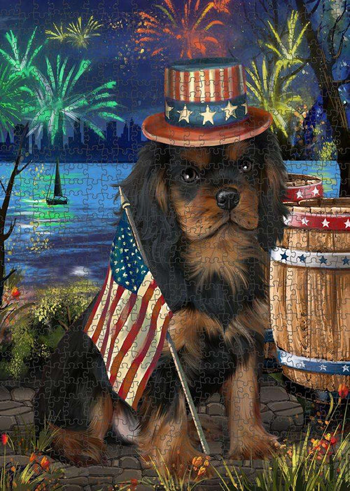 4th of July Independence Day Fireworks Cavalier King Charles Spaniel Dog at the Lake Puzzle with Photo Tin PUZL56721