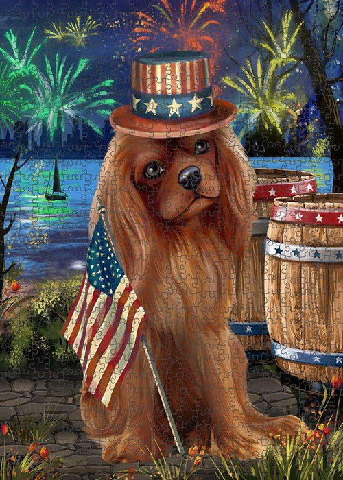 4th of July Independence Day Fireworks Cavalier King Charles Spaniel Dog at the Lake Puzzle with Photo Tin PUZL56724