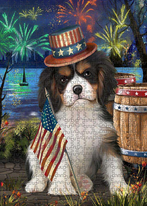 4th of July Independence Day Fireworks Cavalier King Charles Spaniel Dog at the Lake Puzzle with Photo Tin PUZL56727