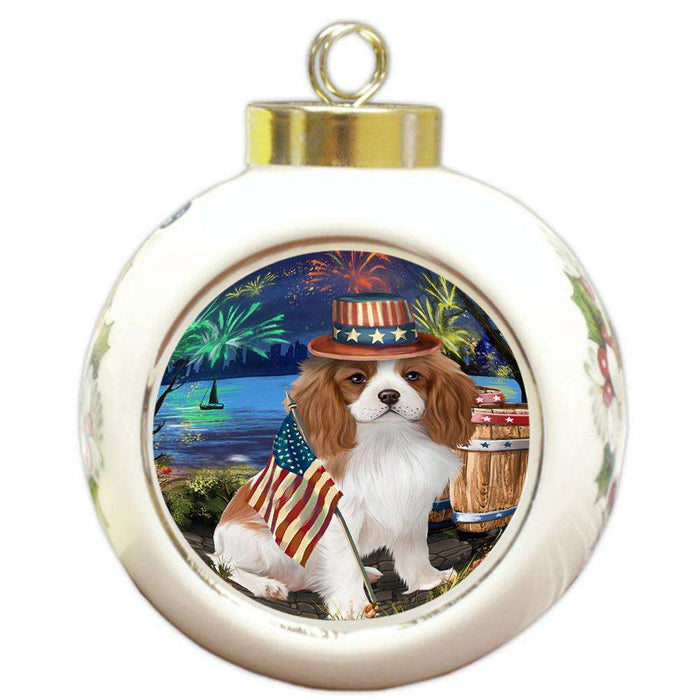 4th of July Independence Day Fireworks Cavalier King Charles Spaniel Dog at the Lake Round Ball Christmas Ornament RBPOR50952