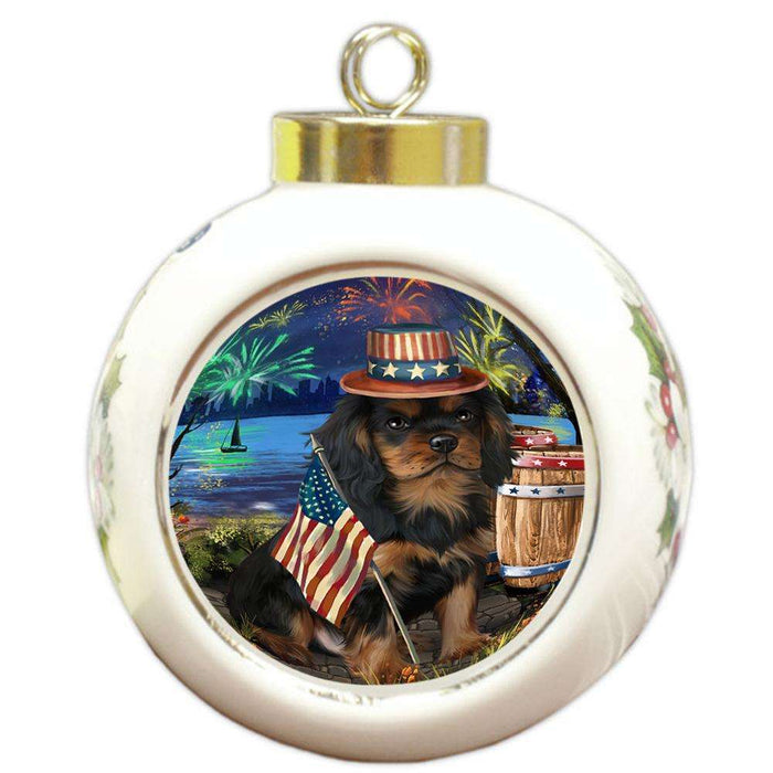 4th of July Independence Day Fireworks Cavalier King Charles Spaniel Dog at the Lake Round Ball Christmas Ornament RBPOR50953