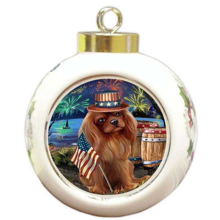 4th of July Independence Day Fireworks Cavalier King Charles Spaniel Dog at the Lake Round Ball Christmas Ornament RBPOR50954