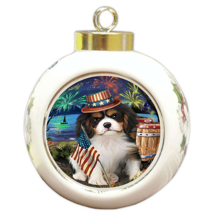 4th of July Independence Day Fireworks Cavalier King Charles Spaniel Dog at the Lake Round Ball Christmas Ornament RBPOR50955