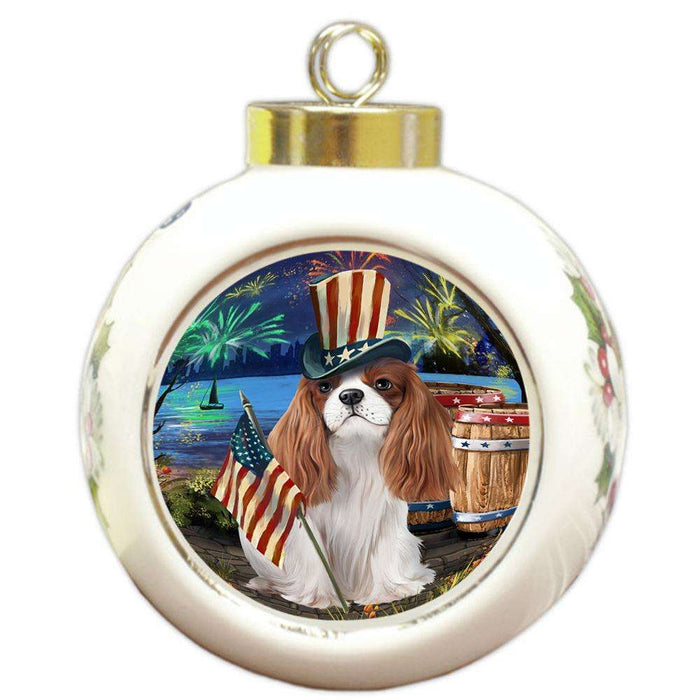 4th of July Independence Day Fireworks Cavalier King Charles Spaniel Dog at the Lake Round Ball Christmas Ornament RBPOR50956