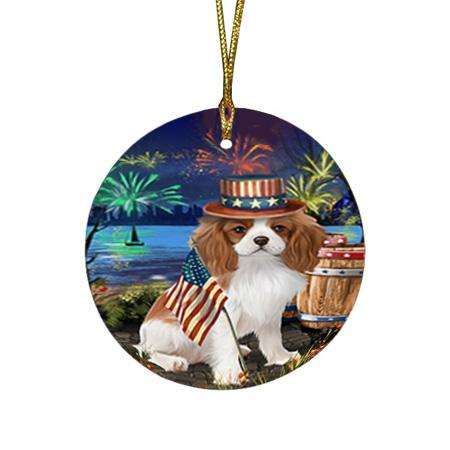 4th of July Independence Day Fireworks Cavalier King Charles Spaniel Dog at the Lake Round Flat Christmas Ornament RFPOR50943