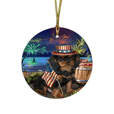 4th of July Independence Day Fireworks Cavalier King Charles Spaniel Dog at the Lake Round Flat Christmas Ornament RFPOR50944