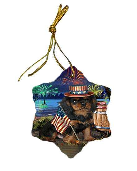 4th of July Independence Day Fireworks Cavalier King Charles Spaniel Dog at the Lake Star Porcelain Ornament SPOR50945