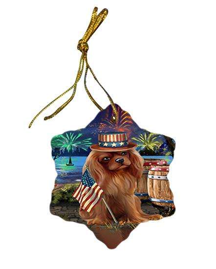 4th of July Independence Day Fireworks Cavalier King Charles Spaniel Dog at the Lake Star Porcelain Ornament SPOR50946