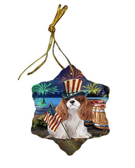 4th of July Independence Day Fireworks Cavalier King Charles Spaniel Dog at the Lake Star Porcelain Ornament SPOR50948
