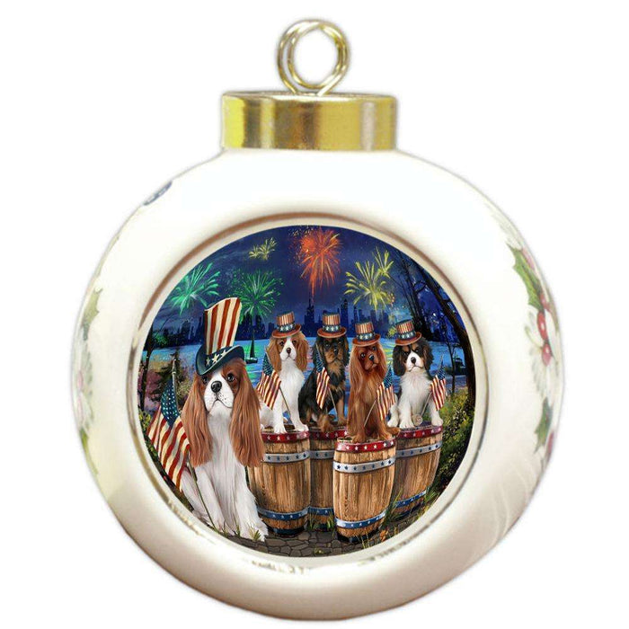 4th of July Independence Day Fireworks Cavalier King Charles Spaniels at the Lake Round Ball Christmas Ornament RBPOR51024
