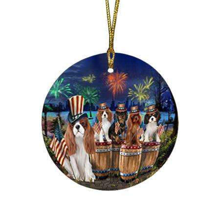 4th of July Independence Day Fireworks Cavalier King Charles Spaniels at the Lake Round Flat Christmas Ornament RFPOR51015