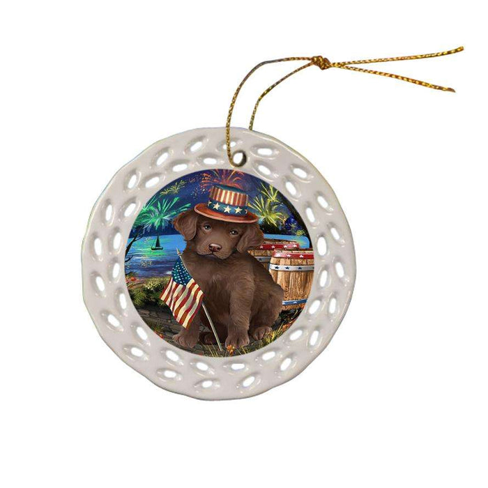 4th of July Independence Day Fireworks Chesapeake Bay Retriever Dog at the Lake Ceramic Doily Ornament DPOR50958
