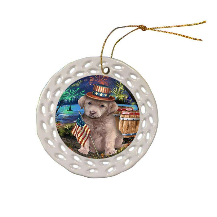 4th of July Independence Day Fireworks Chesapeake Bay Retriever Dog at the Lake Ceramic Doily Ornament DPOR50959