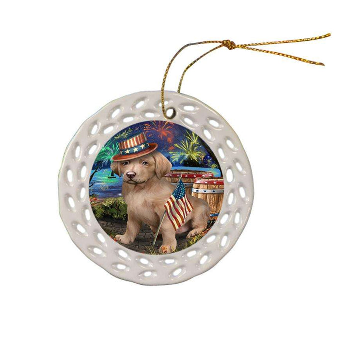 4th of July Independence Day Fireworks Chesapeake Bay Retriever Dog at the Lake Ceramic Doily Ornament DPOR50960