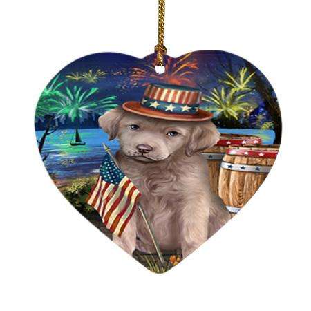 4th of July Independence Day Fireworks Chesapeake Bay Retriever Dog at the Lake Heart Christmas Ornament HPOR50959