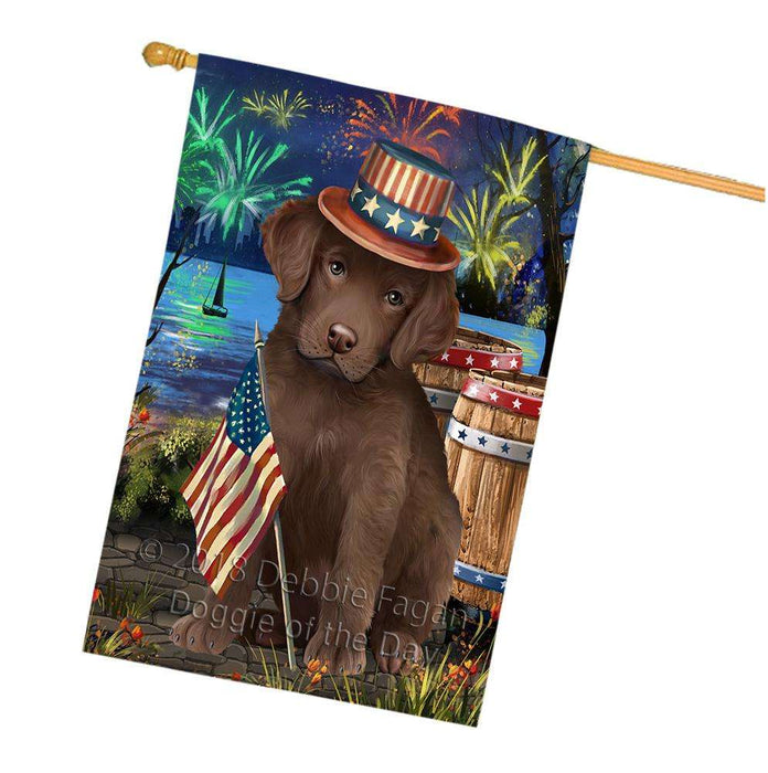 4th of July Independence Day Fireworks  Chesapeake Bay Retriever Dog at the Lake House Flag FLG51016
