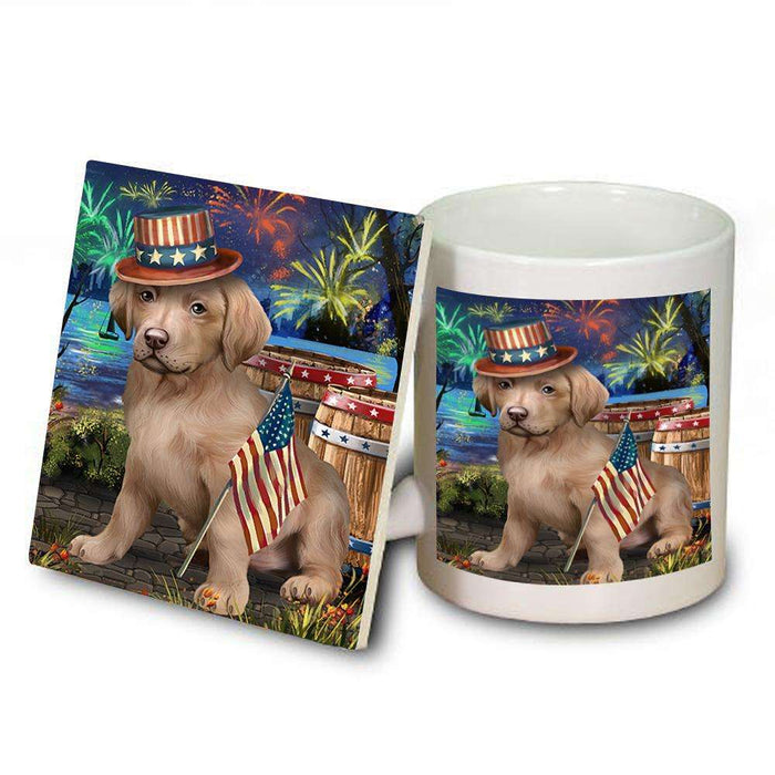 4th of July Independence Day Fireworks Chesapeake Bay Retriever Dog at the Lake Mug and Coaster Set MUC50952