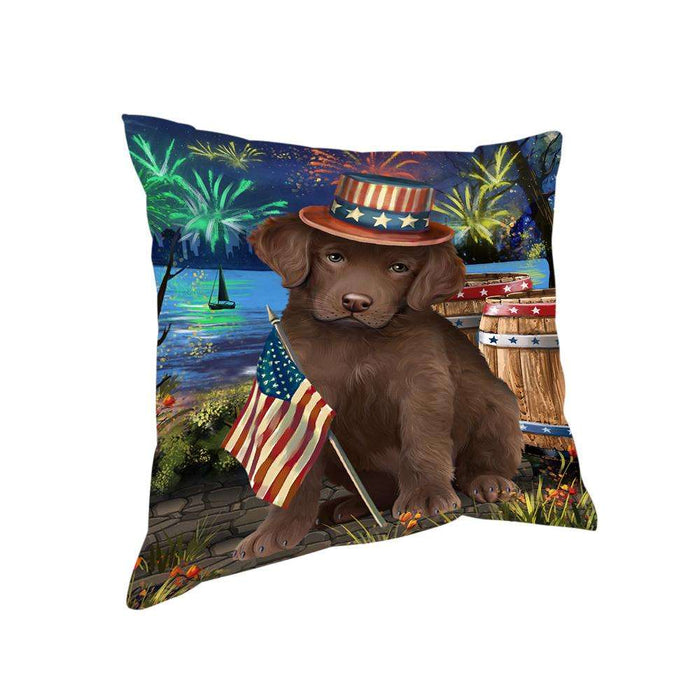 4th of July Independence Day Fireworks Chesapeake Bay Retriever Dog at the Lake Pillow PIL59896