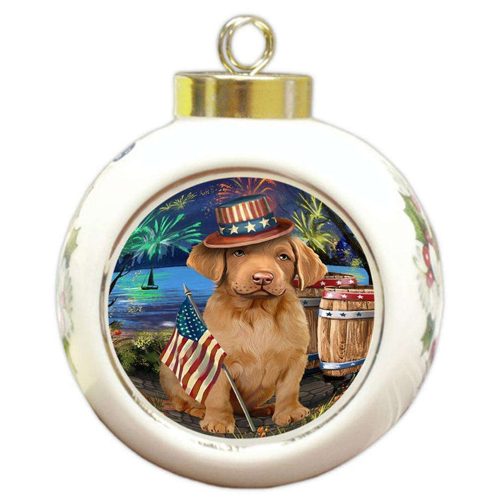 4th of July Independence Day Fireworks Chesapeake Bay Retriever Dog at the Lake Round Ball Christmas Ornament RBPOR50957