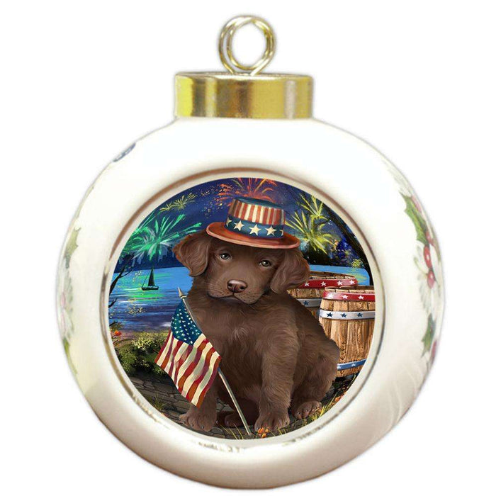 4th of July Independence Day Fireworks Chesapeake Bay Retriever Dog at the Lake Round Ball Christmas Ornament RBPOR50958