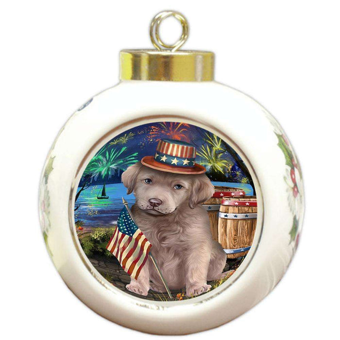4th of July Independence Day Fireworks Chesapeake Bay Retriever Dog at the Lake Round Ball Christmas Ornament RBPOR50959