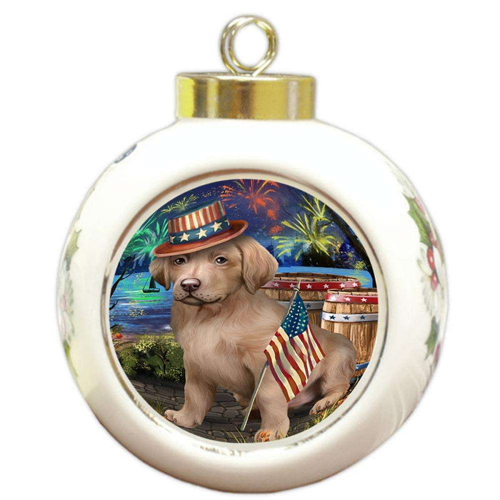 4th of July Independence Day Fireworks Chesapeake Bay Retriever Dog at the Lake Round Ball Christmas Ornament RBPOR50960