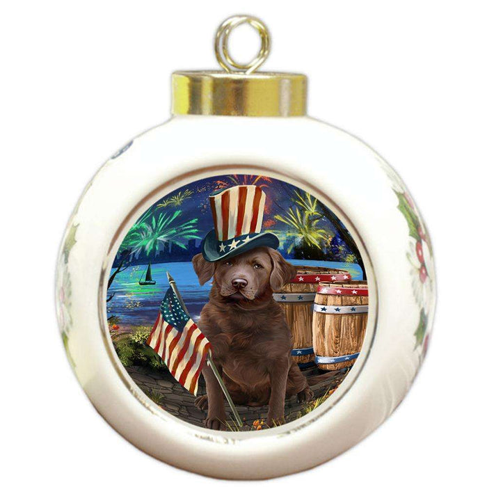 4th of July Independence Day Fireworks Chesapeake Bay Retriever Dog at the Lake Round Ball Christmas Ornament RBPOR50961