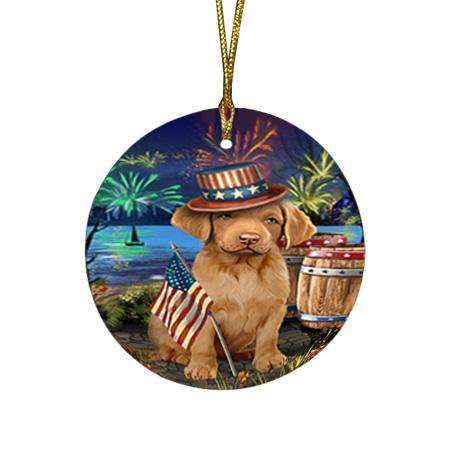 4th of July Independence Day Fireworks Chesapeake Bay Retriever Dog at the Lake Round Flat Christmas Ornament RFPOR50948