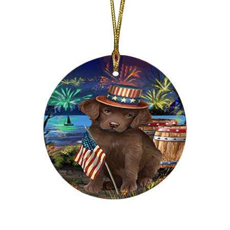 4th of July Independence Day Fireworks Chesapeake Bay Retriever Dog at the Lake Round Flat Christmas Ornament RFPOR50949