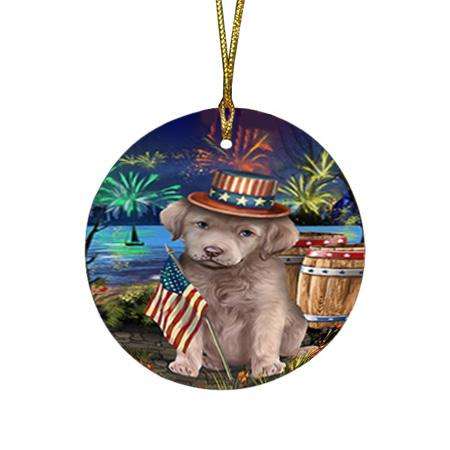 4th of July Independence Day Fireworks Chesapeake Bay Retriever Dog at the Lake Round Flat Christmas Ornament RFPOR50950