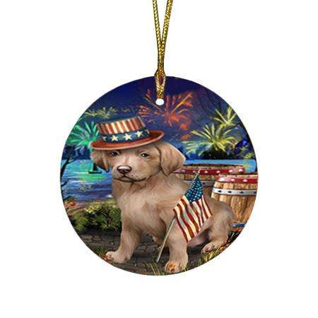 4th of July Independence Day Fireworks Chesapeake Bay Retriever Dog at the Lake Round Flat Christmas Ornament RFPOR50951