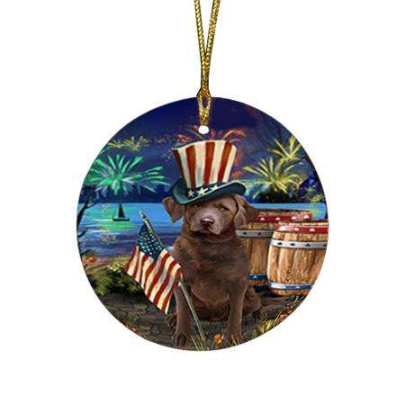 4th of July Independence Day Fireworks Chesapeake Bay Retriever Dog at the Lake Round Flat Christmas Ornament RFPOR50952