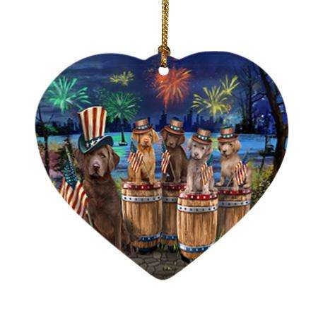 4th of July Independence Day Fireworks Chesapeake Bay Retrievers at the Lake Heart Christmas Ornament HPOR51025