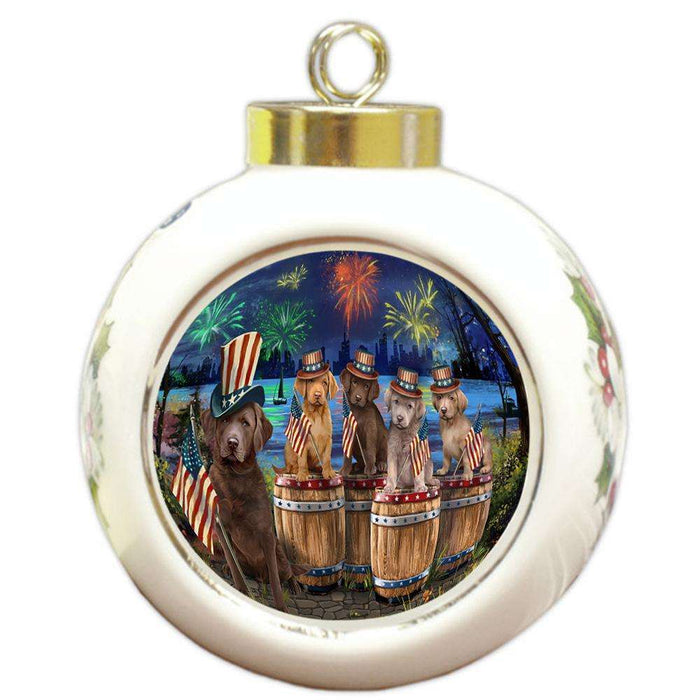 4th of July Independence Day Fireworks Chesapeake Bay Retrievers at the Lake Round Ball Christmas Ornament RBPOR51025