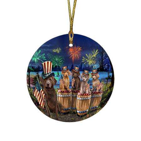 4th of July Independence Day Fireworks Chesapeake Bay Retrievers at the Lake Round Flat Christmas Ornament RFPOR51016